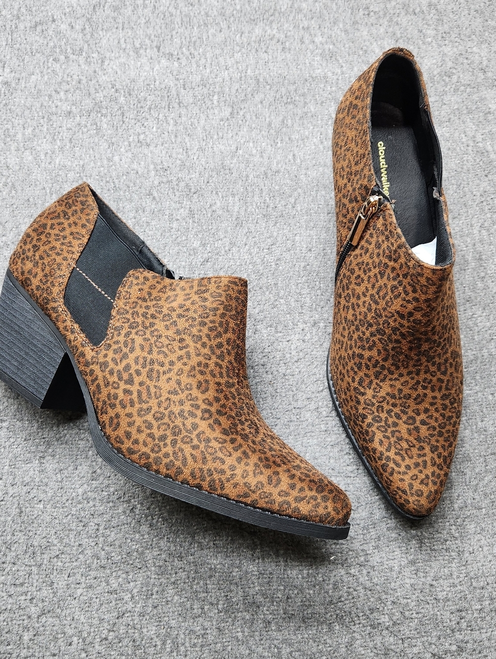 Cloudwalkers Leopard Ankle Booties Block Heel Side Zip Brown Black 11W